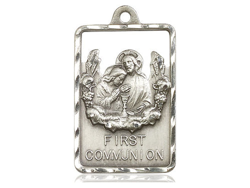 Sterling Silver Communion First Reconciliation Pendant on a 24 inch Light Rhodium Heavy Curb Chain - Unique Catholic Gifts