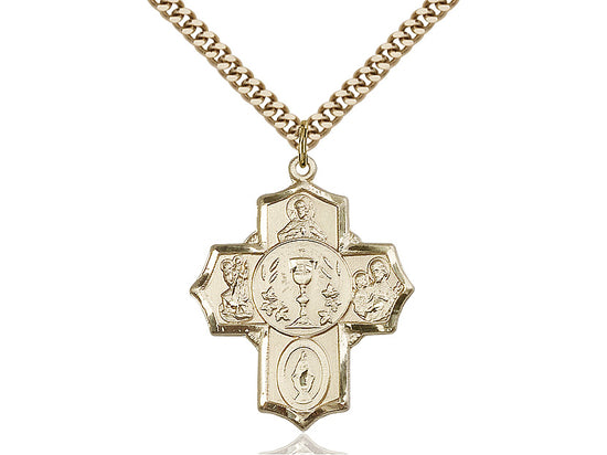 14kt Gold Filled 4-Way Pendant on a 24 inch Gold Plate Heavy Curb Chain - Unique Catholic Gifts