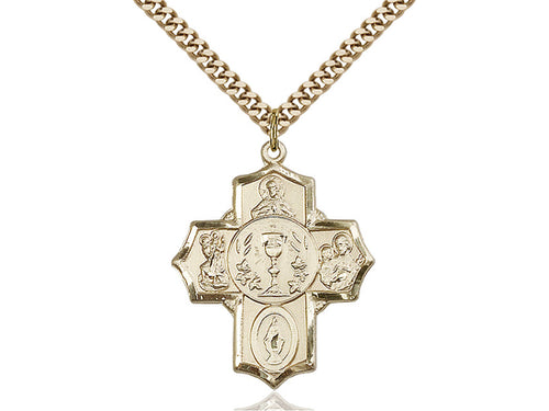 14kt Gold Filled 4-Way Pendant on a 24 inch Gold Plate Heavy Curb Chain - Unique Catholic Gifts