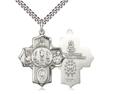 Sterling Silver 4-Way Pendant on a 24 inch Light Rhodium Heavy Curb Chain - Unique Catholic Gifts