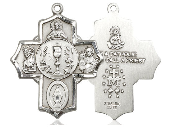 Sterling Silver 4-Way Pendant on a 24 inch Light Rhodium Heavy Curb Chain - Unique Catholic Gifts