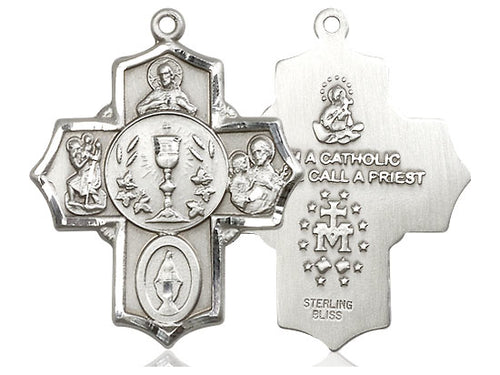 Sterling Silver 4-Way Pendant on a 24 inch Light Rhodium Heavy Curb Chain - Unique Catholic Gifts