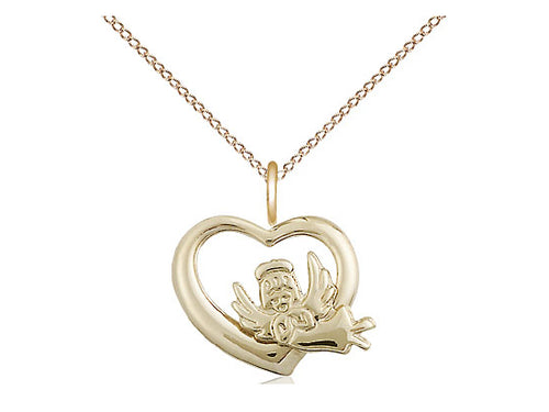 14kt Gold Filled Heart Guardian Angel Pendant on a 18 inch Gold Filled Light Curb Chain - Unique Catholic Gifts
