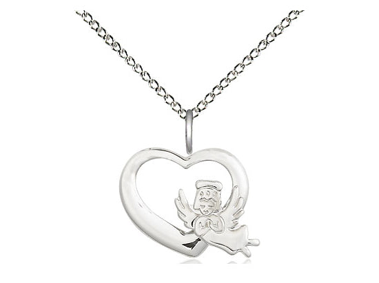 Sterling Silver Heart Guardian Angel Pendant on a 18 inch Sterling Silver Light Curb Chain - Unique Catholic Gifts