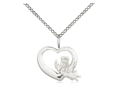 Sterling Silver Heart Guardian Angel Pendant on a 18 inch Sterling Silver Light Curb Chain - Unique Catholic Gifts