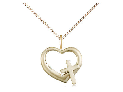 14kt Gold Filled Heart Cross Pendant on a 18 inch Gold Filled Light Curb Chain - Unique Catholic Gifts