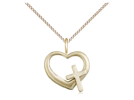 14kt Gold Filled Heart Cross Pendant on a 18 inch Gold Filled Light Curb Chain - Unique Catholic Gifts