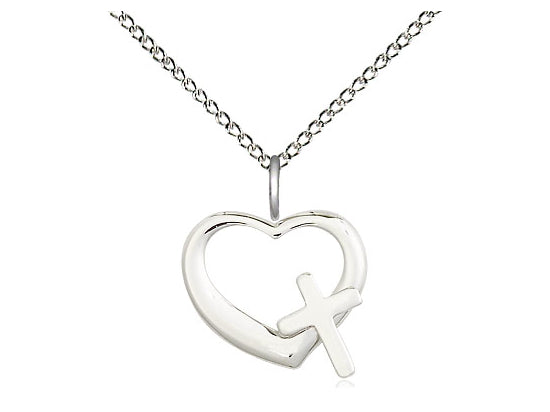 Sterling Silver Heart Cross Pendant on a 18 inch Sterling Silver Light Curb Chain - Unique Catholic Gifts
