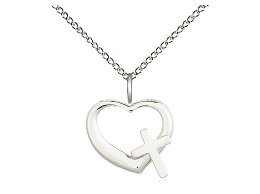 Sterling Silver Heart Cross Pendant on a 18 inch Sterling Silver Light Curb Chain - Unique Catholic Gifts