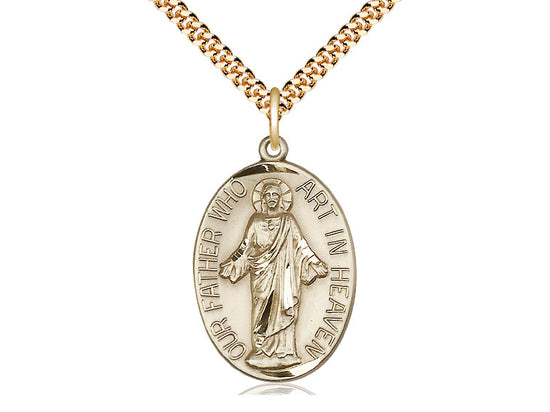 14kt Gold Filled Our Father Pendant on a 24 inch Gold Plate Heavy Curb Chain - Unique Catholic Gifts