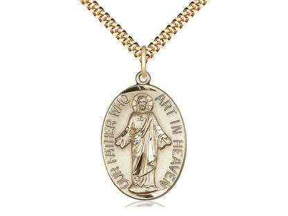 14kt Gold Filled Our Father Pendant on a 24 inch Gold Plate Heavy Curb Chain - Unique Catholic Gifts