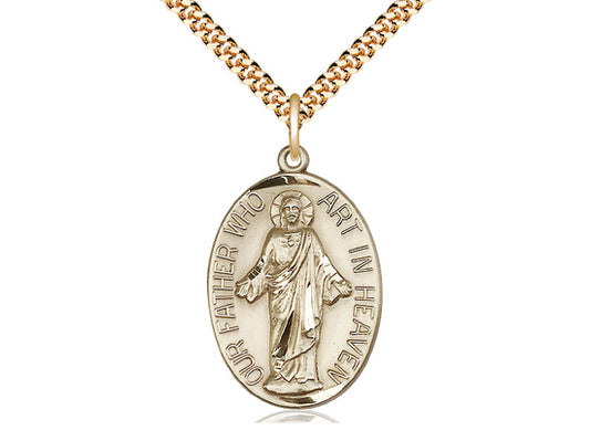 14kt Gold Filled Our Father Pendant on a 24 inch Gold Plate Heavy Curb Chain - Unique Catholic Gifts