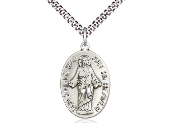 Sterling Silver Our Father Pendant on a 24 inch Light Rhodium Heavy Curb Chain - Unique Catholic Gifts