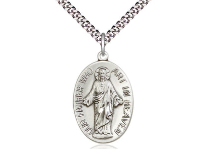 Sterling Silver Our Father Pendant on a 24 inch Light Rhodium Heavy Curb Chain - Unique Catholic Gifts