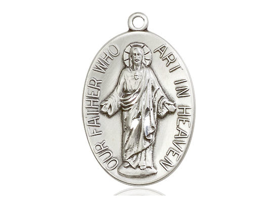 Sterling Silver Our Father Pendant on a 24 inch Light Rhodium Heavy Curb Chain - Unique Catholic Gifts