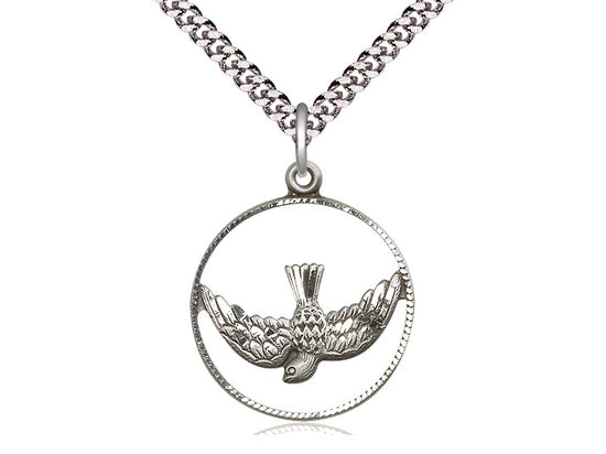 Sterling Silver Holy Spirit Pendant on a 24 inch Light Rhodium Heavy Curb Chain - Unique Catholic Gifts