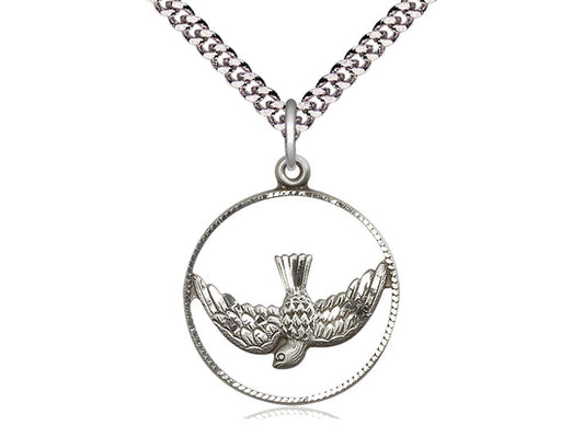 Sterling Silver Holy Spirit Pendant on a 24 inch Light Rhodium Heavy Curb Chain - Unique Catholic Gifts