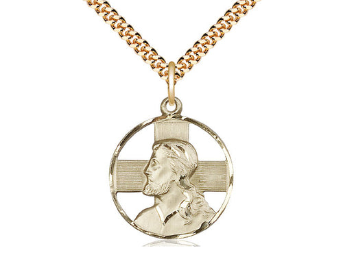 14kt Gold Filled Head of Christ Pendant on a 24 inch Gold Plate Heavy Curb Chain - Unique Catholic Gifts