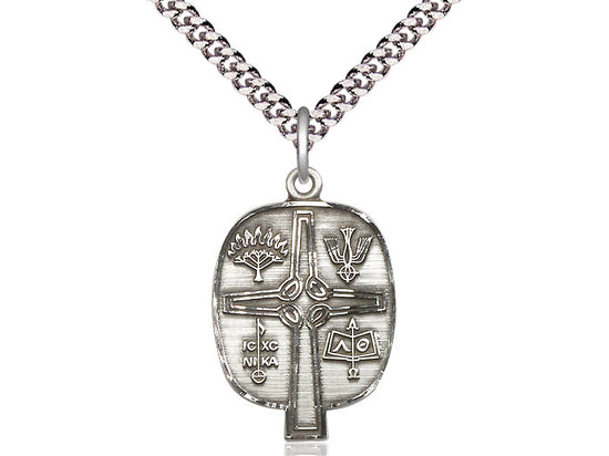 Sterling Silver Presbyterian Pendant on a 24 inch Light Rhodium Heavy Curb Chain - Unique Catholic Gifts
