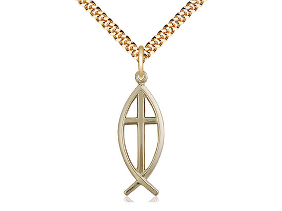 14kt Gold Filled Fish Cross Pendant on a 24 inch Gold Plate Heavy Curb Chain - Unique Catholic Gifts