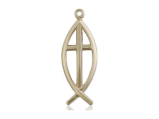14kt Gold Filled Fish Cross Pendant on a 24 inch Gold Plate Heavy Curb Chain - Unique Catholic Gifts