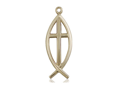 14kt Gold Filled Fish Cross Pendant on a 24 inch Gold Plate Heavy Curb Chain - Unique Catholic Gifts