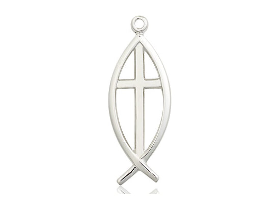 Sterling Silver Fish Cross Pendant on a 24 inch Light Rhodium Heavy Curb Chain - Unique Catholic Gifts