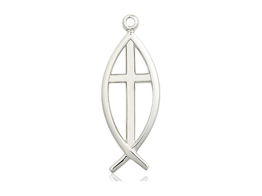 Sterling Silver Fish Cross Pendant on a 24 inch Light Rhodium Heavy Curb Chain - Unique Catholic Gifts
