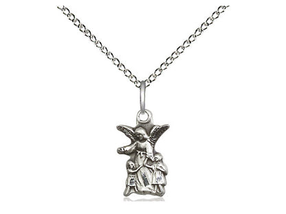 Sterling Silver Guardian Angel Pendant on a 18 inch Sterling Silver Light Curb Chain - Unique Catholic Gifts