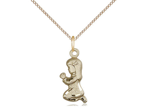 14kt Gold Filled Praying Girl Pendant on a 18 inch Gold Filled Light Curb Chain - Unique Catholic Gifts