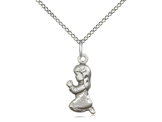 Sterling Silver Praying Girl Pendant on a 18 inch Sterling Silver Light Curb Chain - Unique Catholic Gifts