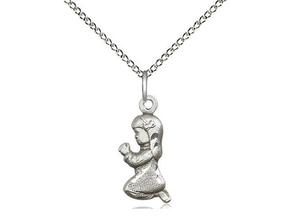 Sterling Silver Praying Girl Pendant on a 18 inch Sterling Silver Light Curb Chain - Unique Catholic Gifts