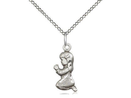 Sterling Silver Praying Girl Pendant on a 18 inch Sterling Silver Light Curb Chain - Unique Catholic Gifts