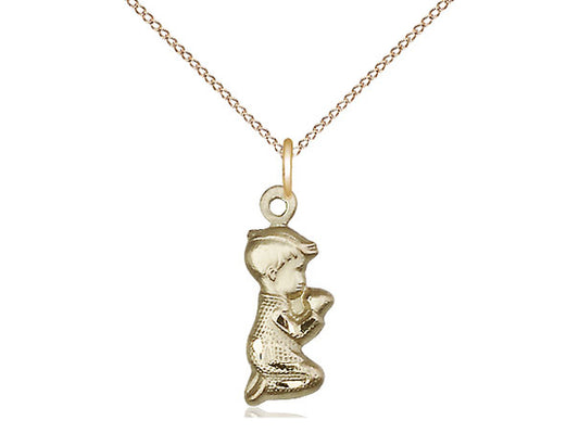 14kt Gold Filled Praying Boy Pendant on a 18 inch Gold Filled Light Curb Chain - Unique Catholic Gifts