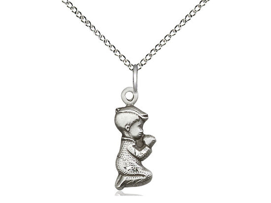 Sterling Silver Praying Boy Pendant on a 18 inch Sterling Silver Light Curb Chain - Unique Catholic Gifts