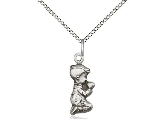 Sterling Silver Praying Boy Pendant on a 18 inch Sterling Silver Light Curb Chain - Unique Catholic Gifts