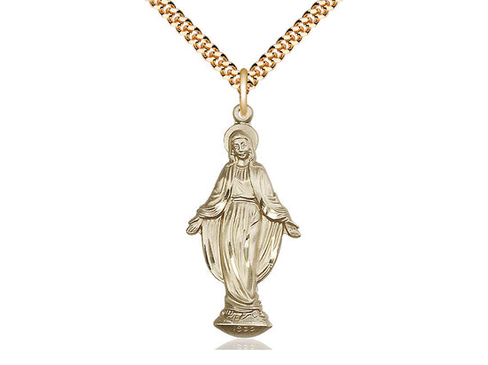 14kt Gold Filled Miraculous Pendant on a 24 inch Gold Plate Heavy Curb Chain - Unique Catholic Gifts
