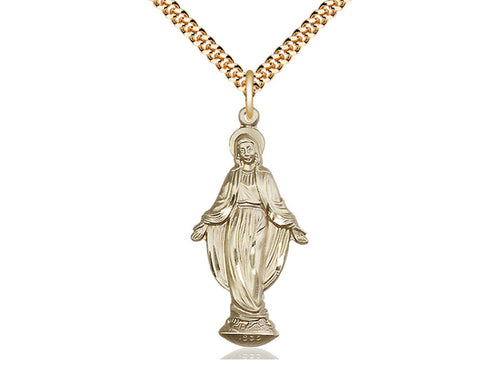 14kt Gold Filled Miraculous Pendant on a 24 inch Gold Plate Heavy Curb Chain - Unique Catholic Gifts