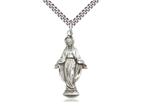 Sterling Silver Miraculous Pendant on a 24 inch Light Rhodium Heavy Curb Chain - Unique Catholic Gifts