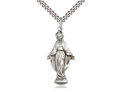 Sterling Silver Miraculous Pendant on a 24 inch Light Rhodium Heavy Curb Chain - Unique Catholic Gifts