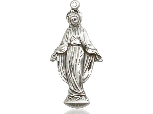 Sterling Silver Miraculous Pendant on a 24 inch Light Rhodium Heavy Curb Chain - Unique Catholic Gifts