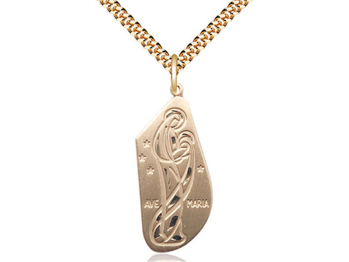 14kt Gold Filled Ave Maria Pendant on a 24 inch Gold Plate Heavy Curb Chain - Unique Catholic Gifts