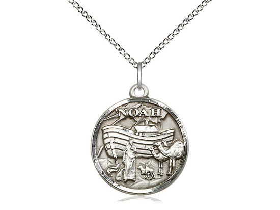 Sterling Silver Noah Pendant on a 18 inch Sterling Silver Light Curb Chain - Unique Catholic Gifts