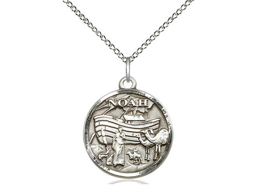 Sterling Silver Noah Pendant on a 18 inch Sterling Silver Light Curb Chain - Unique Catholic Gifts