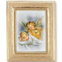 Guardian Angel Gold Stamped Print under Glass in a Gold Leaf Frame - Unique Catholic Gifts