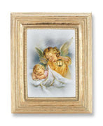 Guardian Angel Gold Stamped Print under Glass in a Gold Leaf Frame - Unique Catholic Gifts