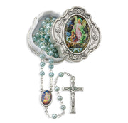 Light Blue Glass Bead Guardian Angel Rosary in a Metal Box 4mm - Unique Catholic Gifts