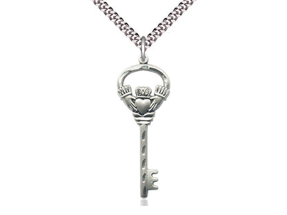 Sterling Silver Key w/Claddagh Pendant on a 24 inch Light Rhodium Heavy Curb Chain - Unique Catholic Gifts