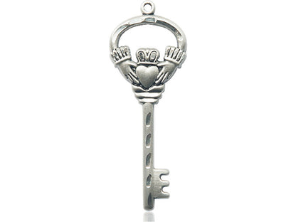 Sterling Silver Key w/Claddagh Pendant on a 24 inch Light Rhodium Heavy Curb Chain - Unique Catholic Gifts