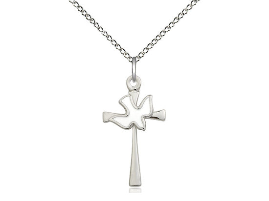 Sterling Silver Cross Holy Spirit Pendant on a 18 inch Sterling Silver Light Curb Chain - Unique Catholic Gifts